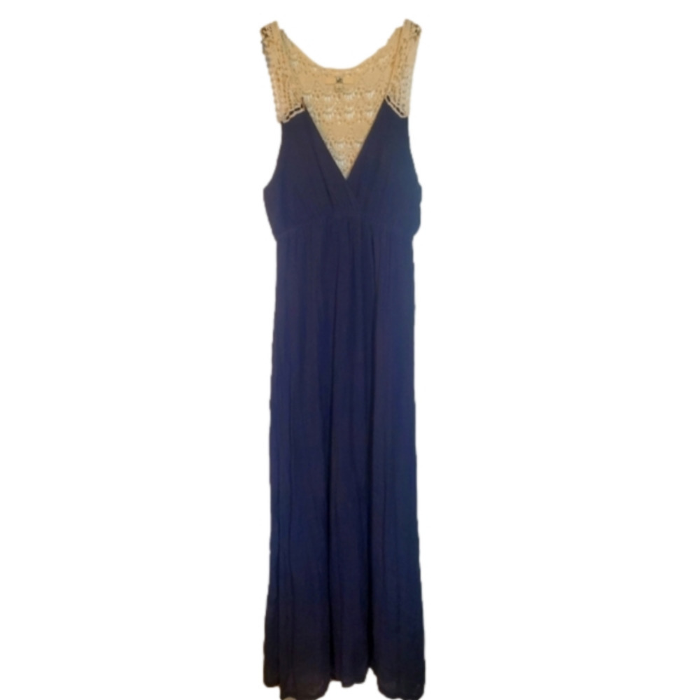 Ya Los Angeles Large Navy & Cream Cotton Maxi Dress with Lace Macrame Back